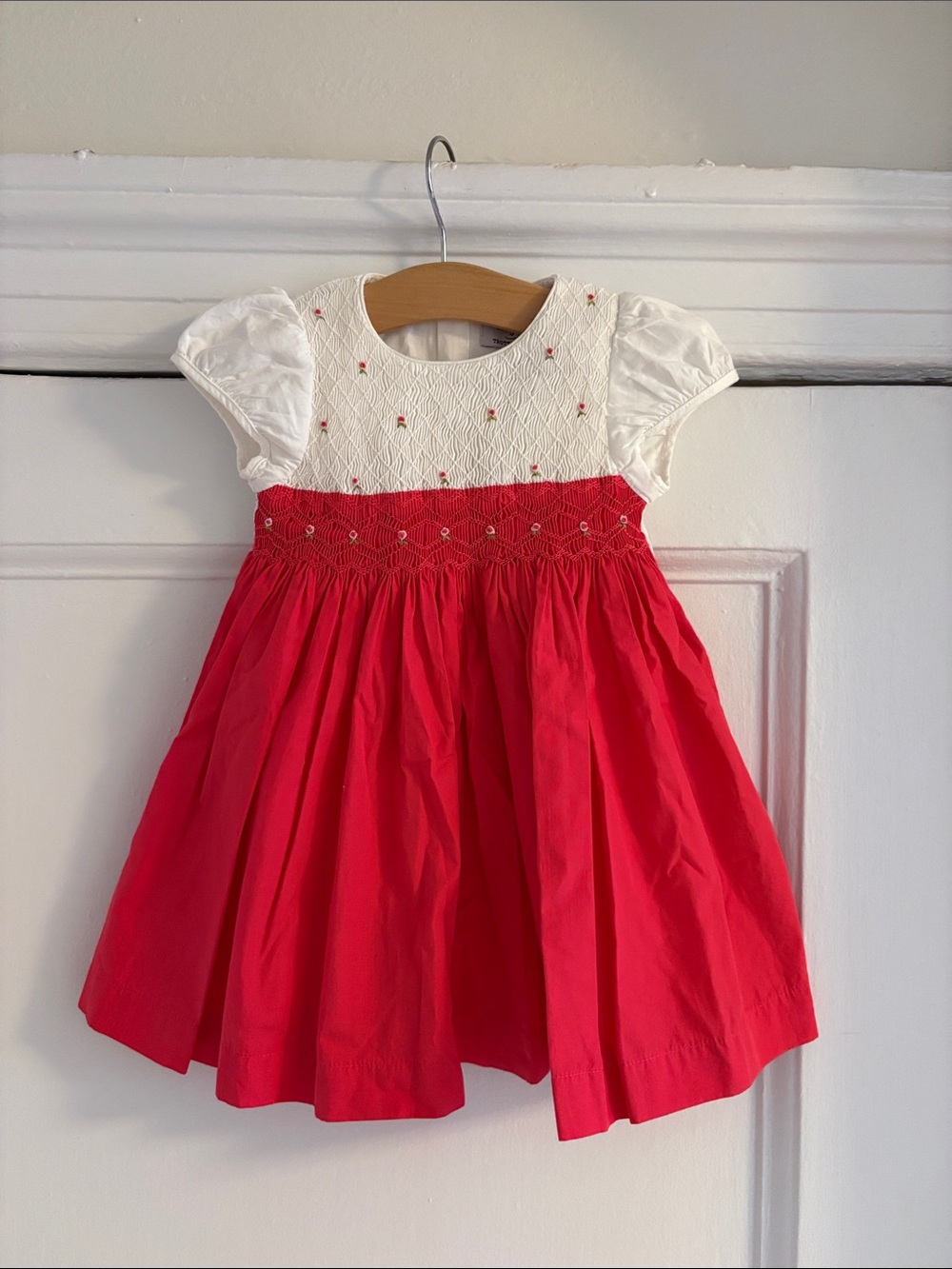 NWT Trotters London - Toddler White & Red Smocked Cotton Occasion Dress